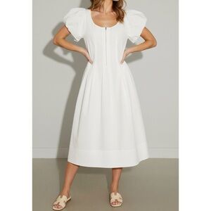White Puff-Sleeve Midi Dress with Front Zip Detail